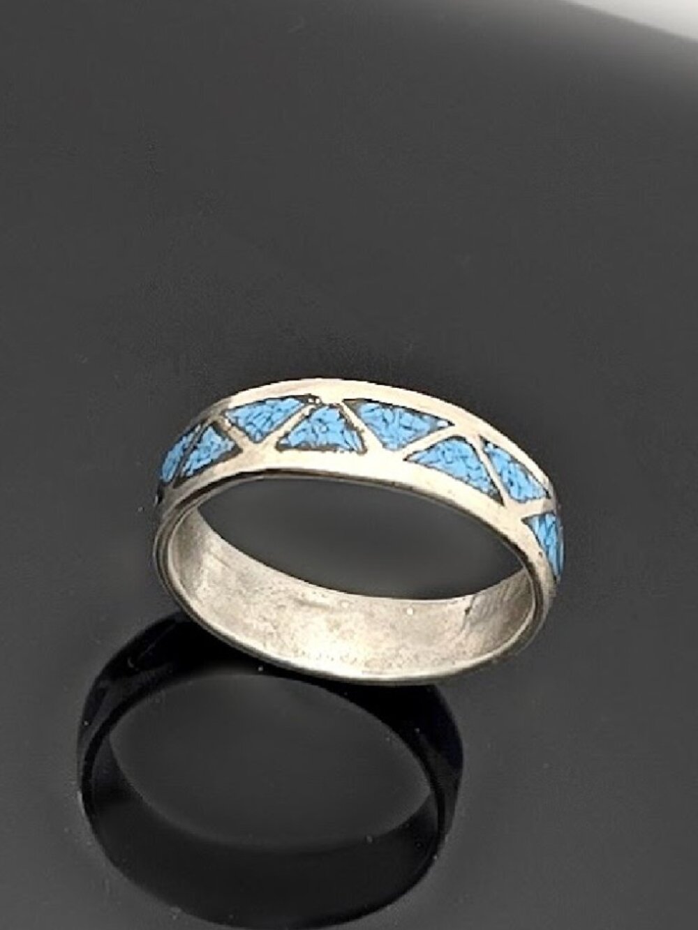 Vintage Turquoise Inlay Ring Sterling Silver Band Size 7.5 Geometric Mosaic Sout